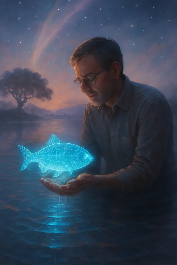 A dreamlike artistic rendering of a person catching a luminous fish (symbolizing spiritual insight).