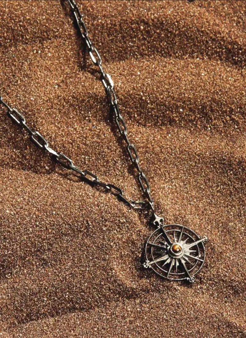 Paths of Courage - Tiger's Eye Compass Charm Necklace