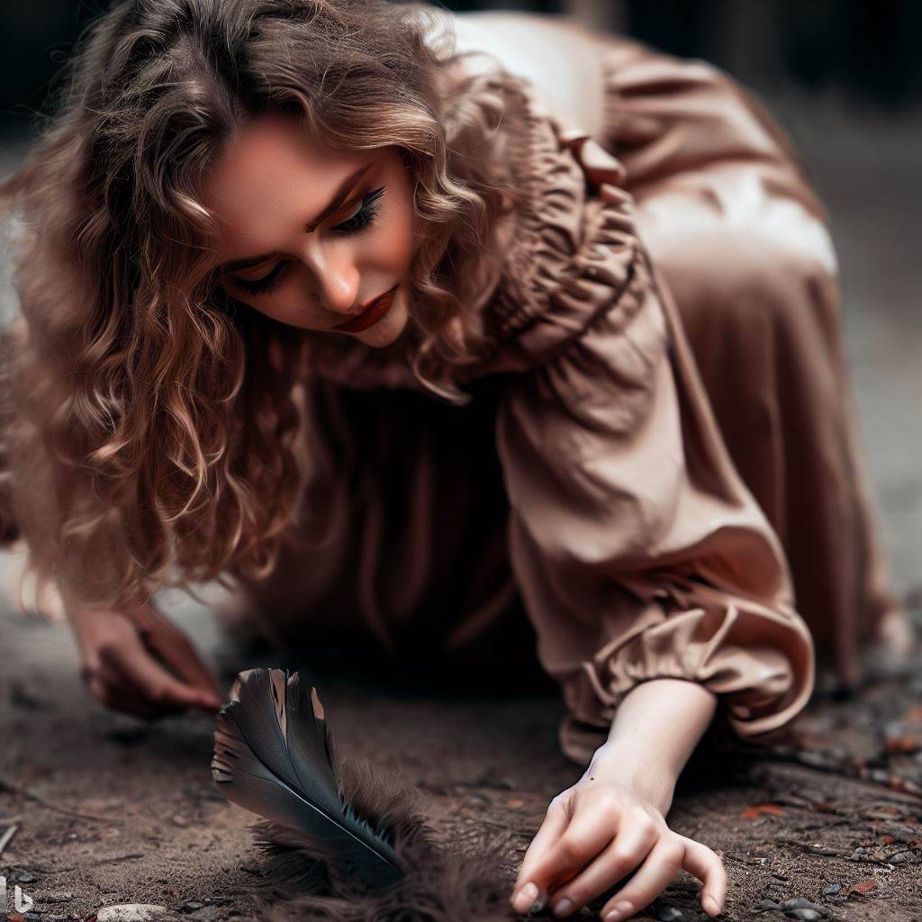 woman finding a brown feather