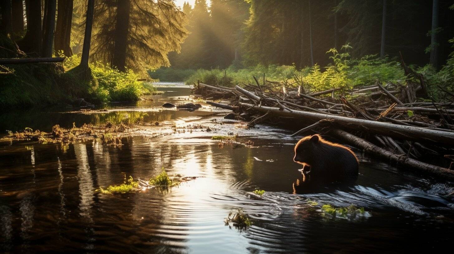 A large beaver dam across a forest stream showing the beaver's engineering skills