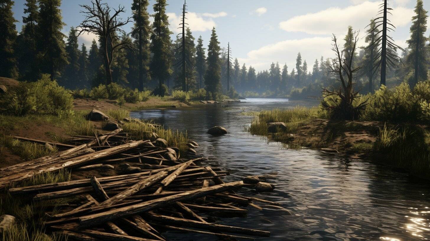 A large beaver dam transforming a river ecosystem showing the beaver's environmental impact