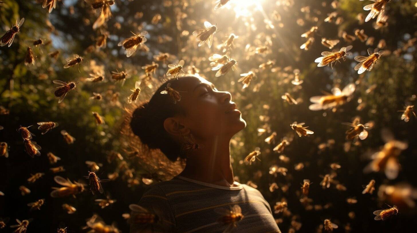 Native American interpretation of bees flying around a person in nature