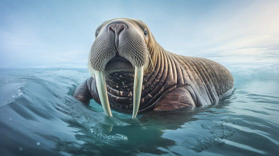 A walrus swimming in icy water