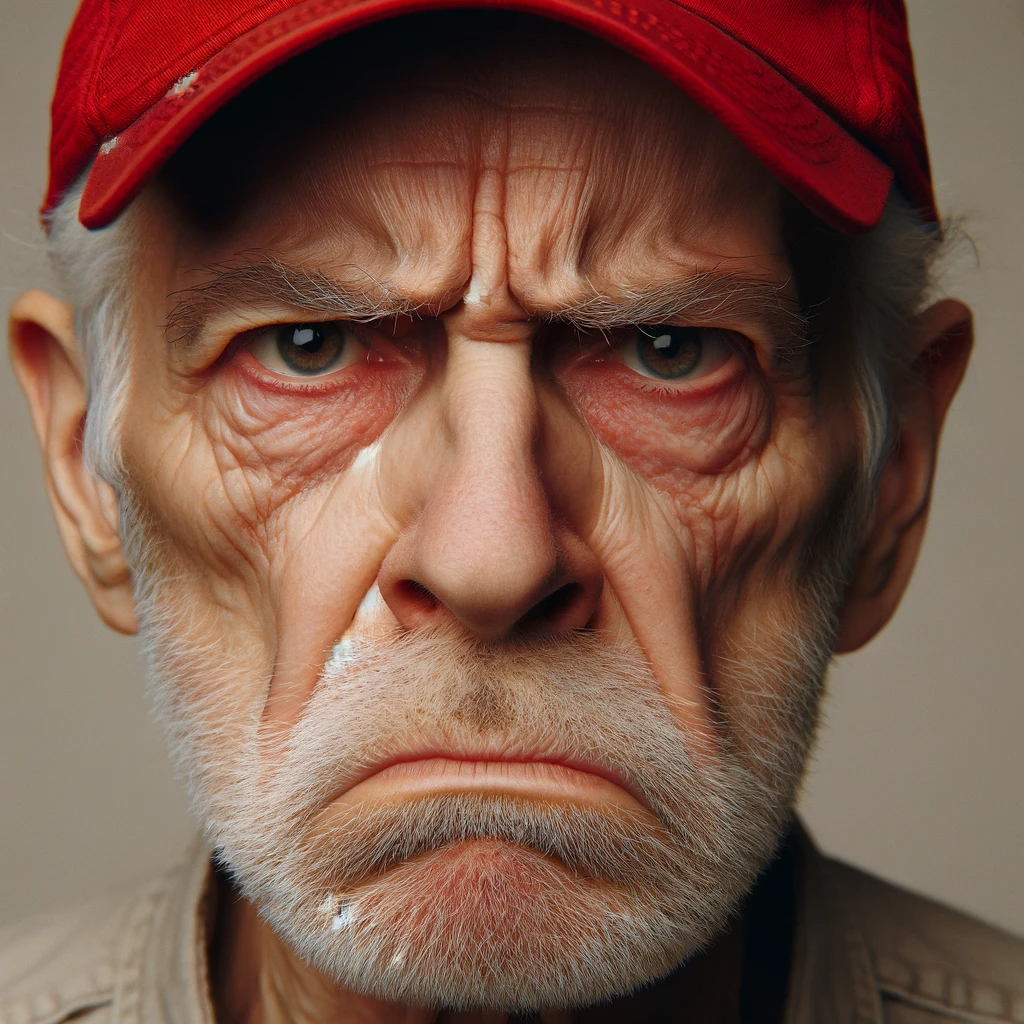 DALLu00b7E 2023 11 13 08.48.23 A portrait of an elderly Caucasian man with an angry expression. He is wearing a red baseball cap. His eyebrows are furrowed and his mouth is set in Symbols