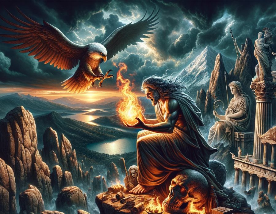  the essence of the myth with Prometheus, the Titan, taking fire from the Gods, and the eagle symbolizing Zeus' punishment