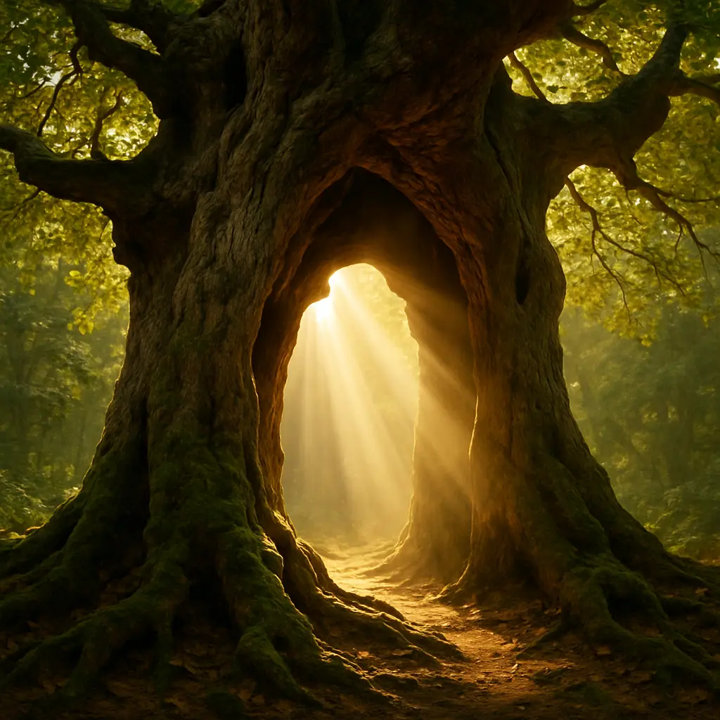 Ancient hollow oak with sunlight streaming through, symbolizing the doorway between worlds
