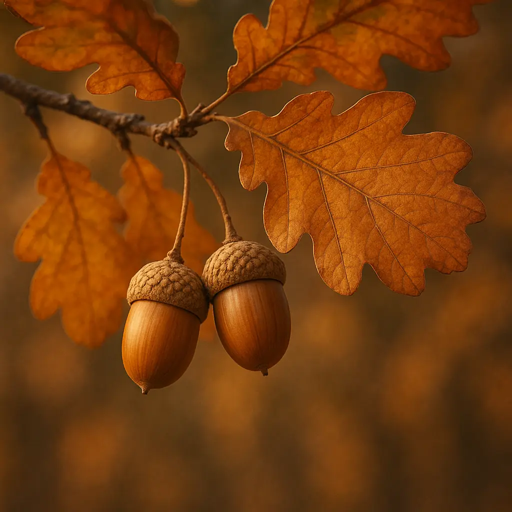 Close-up of oak leaves and acorns in autumn, representing the cycle of potential and manifestation
