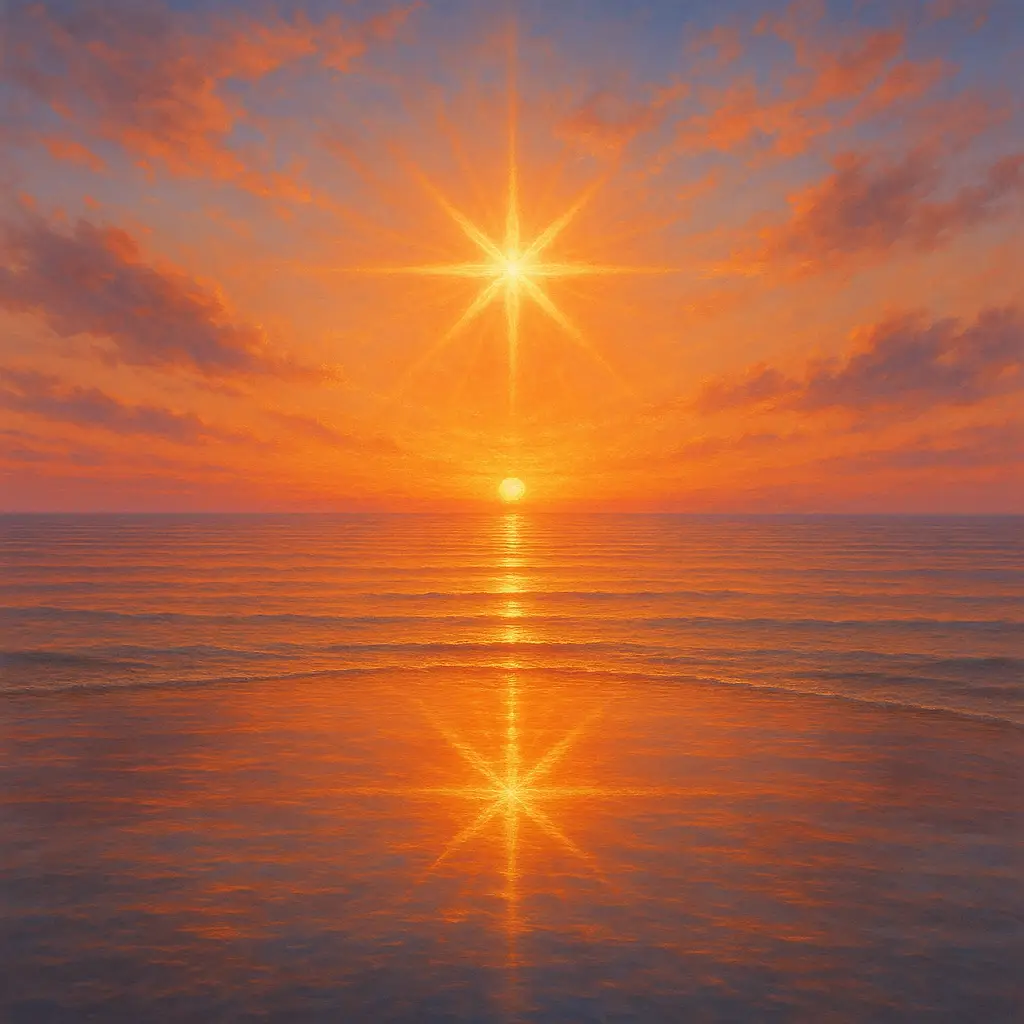 A beautiful sunset/sunrise scene with an eight-pointed star subtly incorporated into the composition, perhaps formed by the sun's rays or reflected in water, symbolizing new beginnings and eternal cycles.