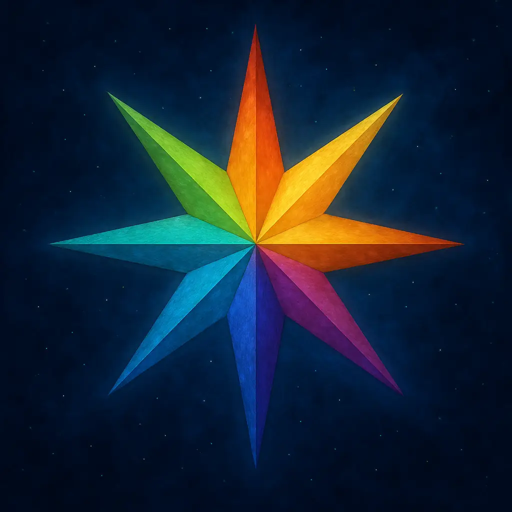 A beautifully detailed eight-pointed star with each point shown in a different color