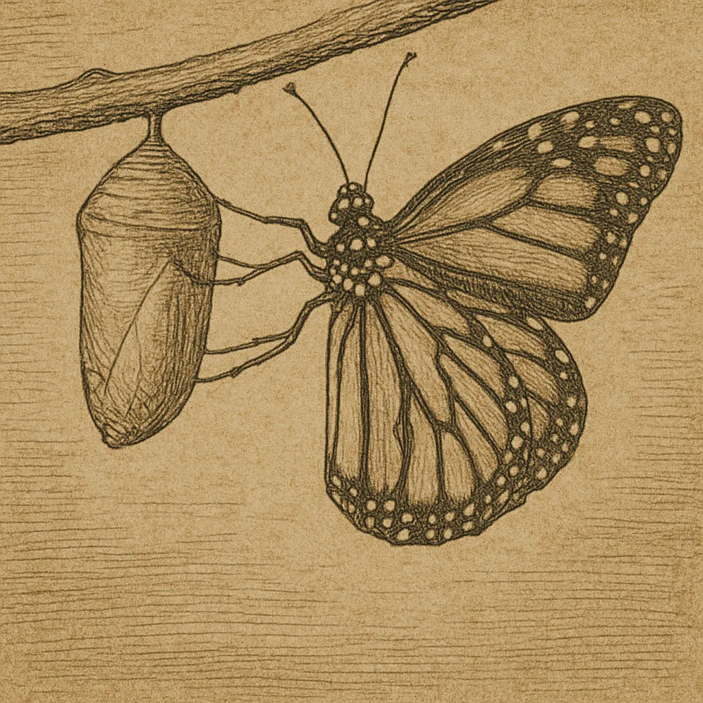 A butterfly emerging from a cocoon, symbolizing transformation and resurrection.