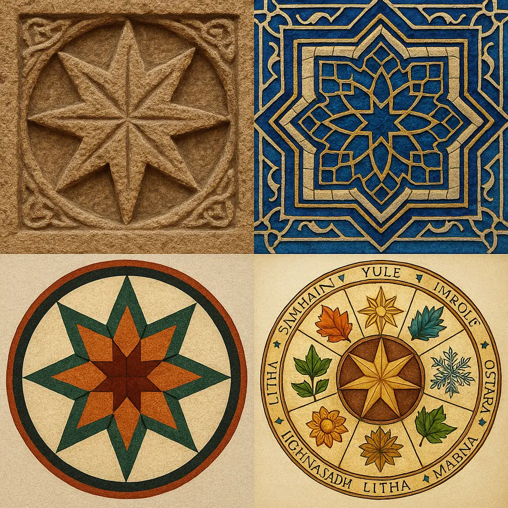 A comparative image showing the eight-pointed star as it appears in different traditions side by side - an Armenian cross-stone, Islamic architectural detail, Native American art piece, and a pagan wheel of the year. 