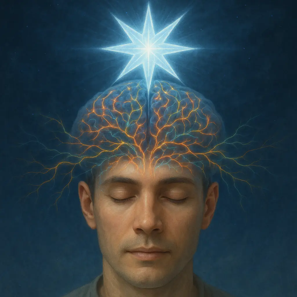 A digital illustration showing brain activity (perhaps through colorful neural networks) when viewing the eight-pointed star, paired with a peaceful face in meditation, visualizing the scientific and spiritual connection.