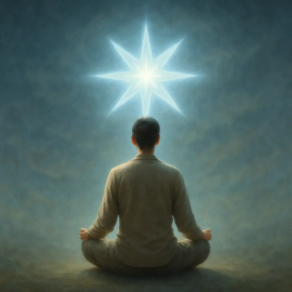 A serene meditation scene featuring a person sitting in peaceful contemplation with a glowing, ethereal eight-pointed star visualized above them, representing the higher consciousness aspect of the symbol