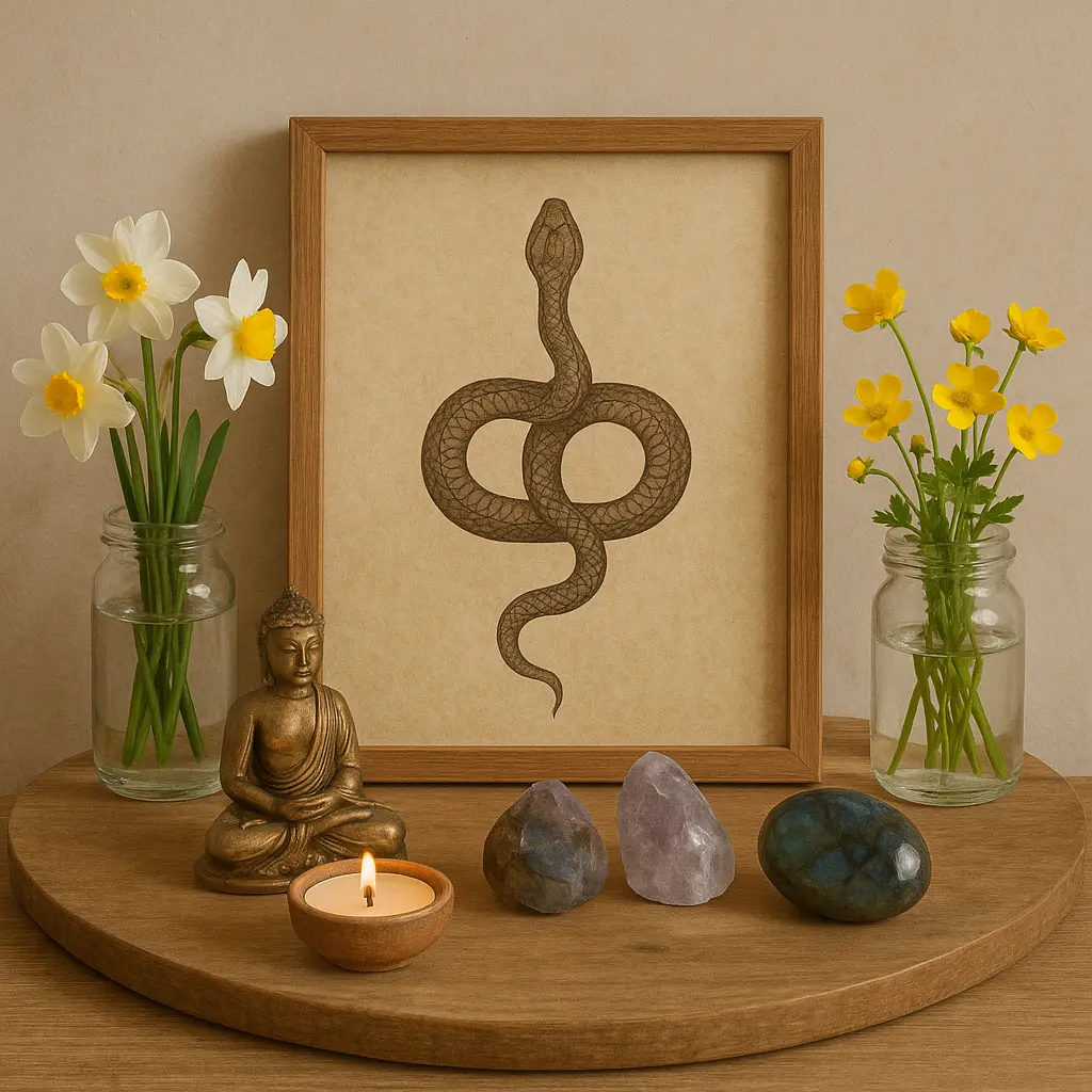 A simple meditation altar with serpent imagery, fresh spring flowers, and transformational crystals like labradorite
