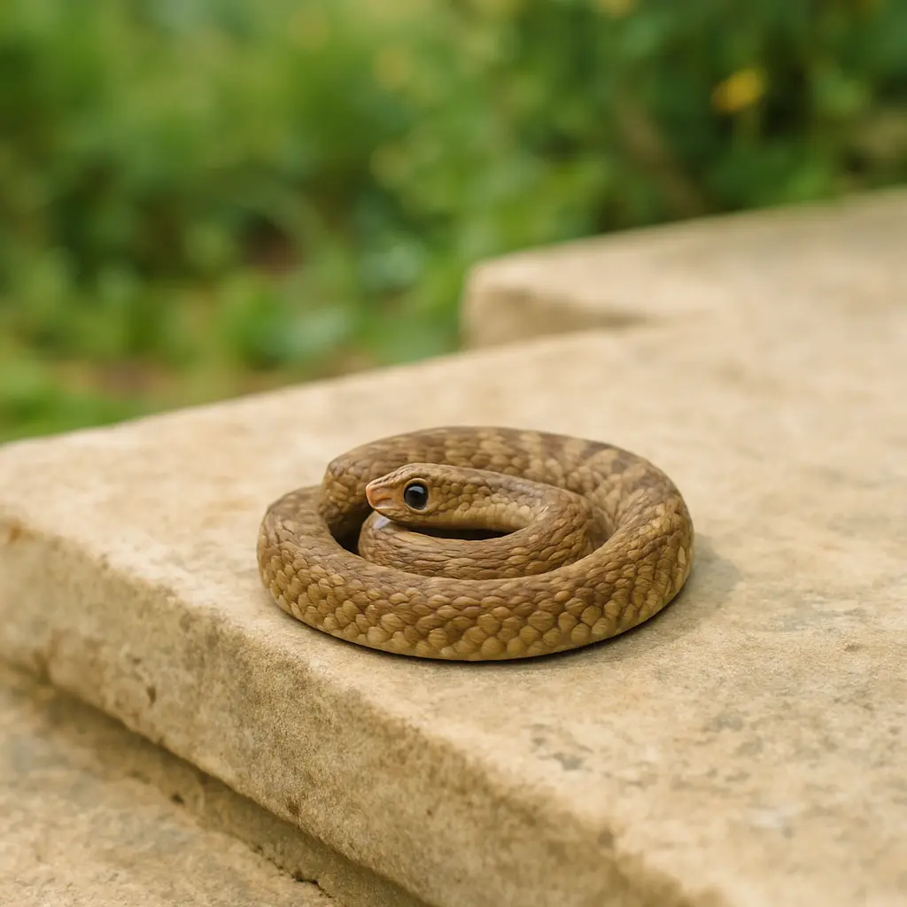 A small garden snake curled in a peaceful position on a stone step