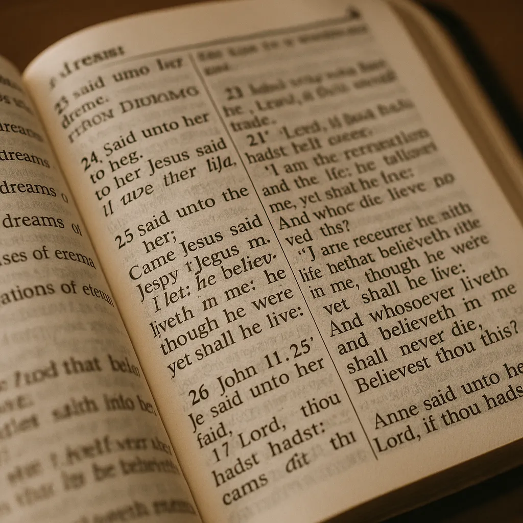 An open Bible with focus on verses about dreams or eternal life Beyond the Veil: What the Bible Reveals About Seeing Deceased Loved Ones in Dreams