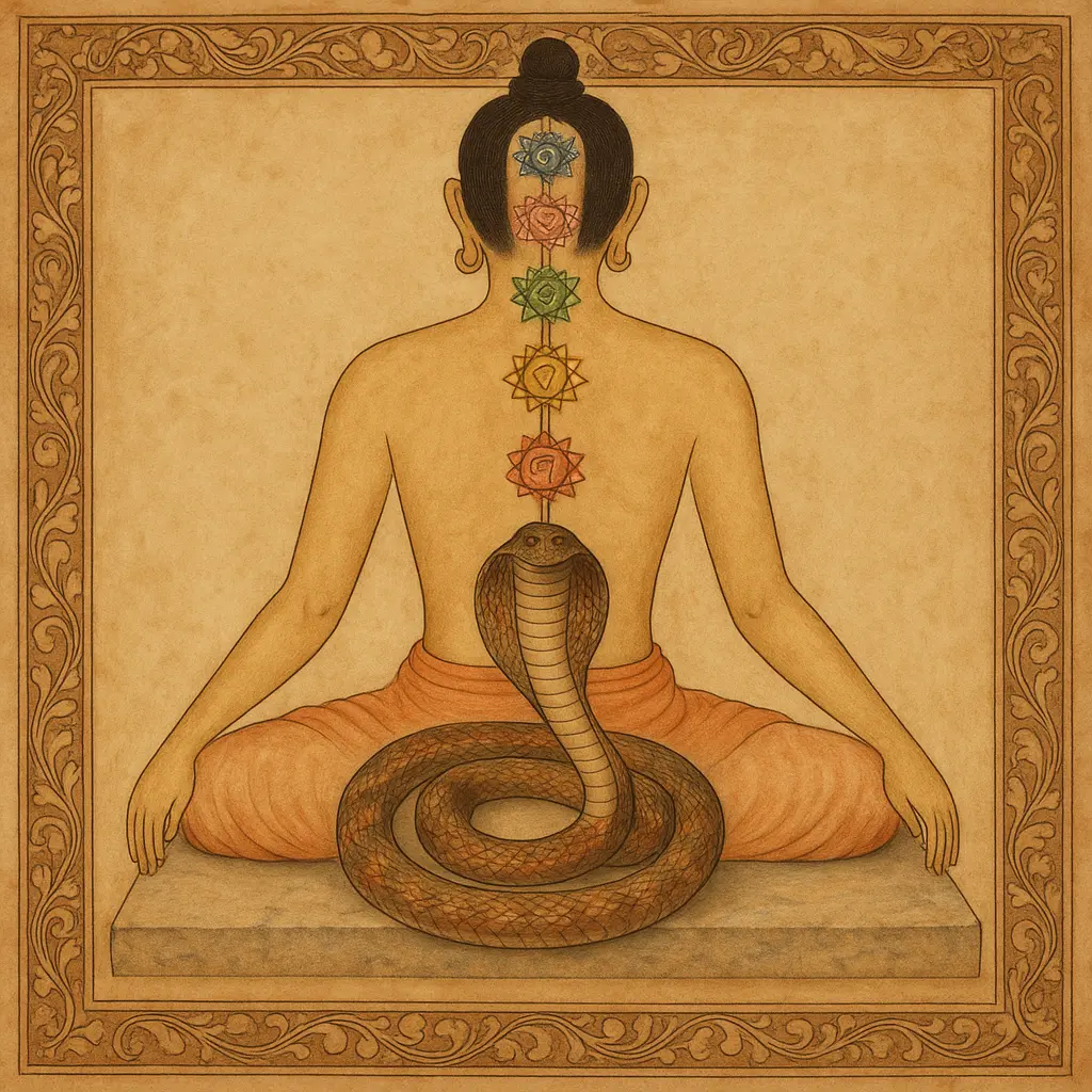 Ancient Hindu artwork depicting Kundalini energy as a coiled serpent at the base of the spine