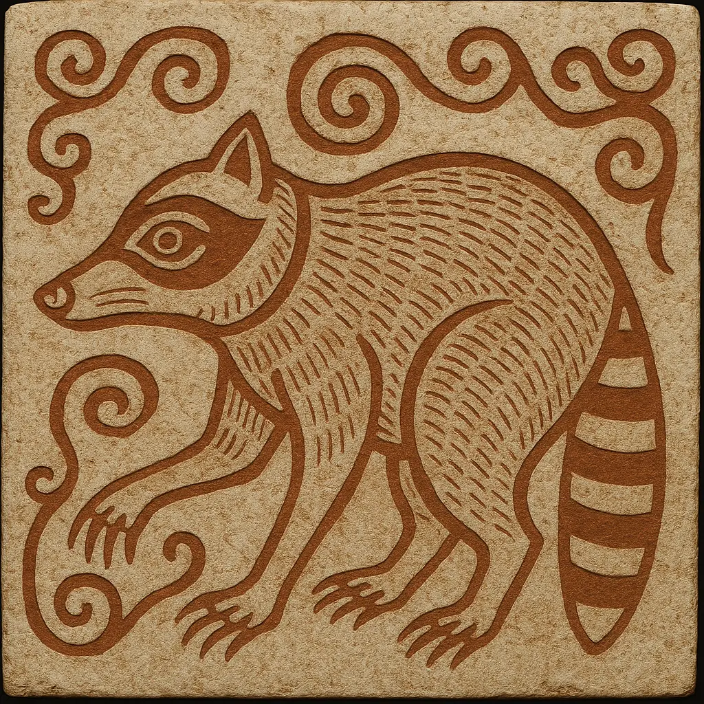 Ancient Native American artwork featuring raccoon symbolism from Mississippian culture.
