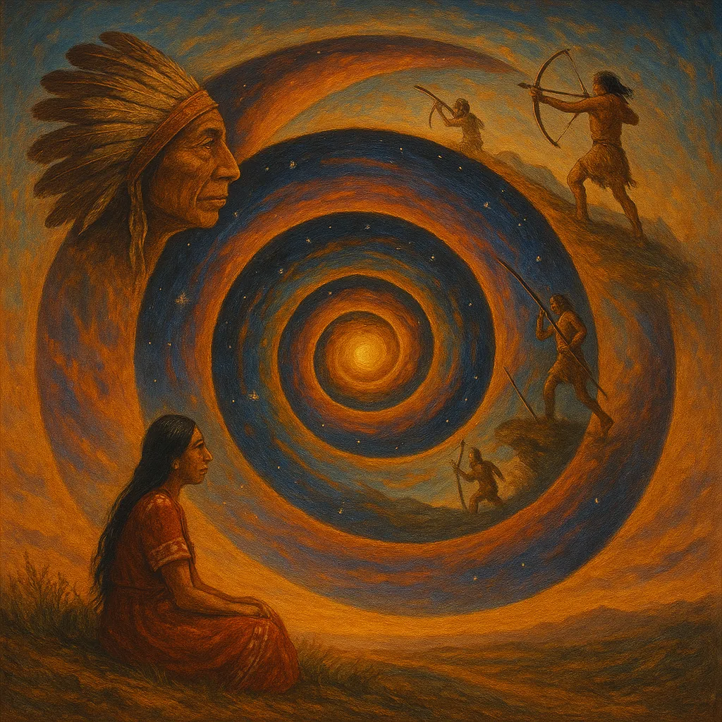 Artistic representation of cyclical time concepts from Indigenous traditions Apocalypse as Revelation: Ancient Wisdom for Navigating Our Time Between Worlds