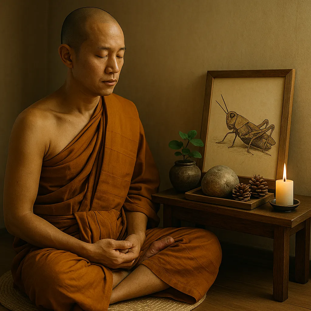Buddhist monk in meditation posture with a small altar containing natural elements including a grasshopper illustration,