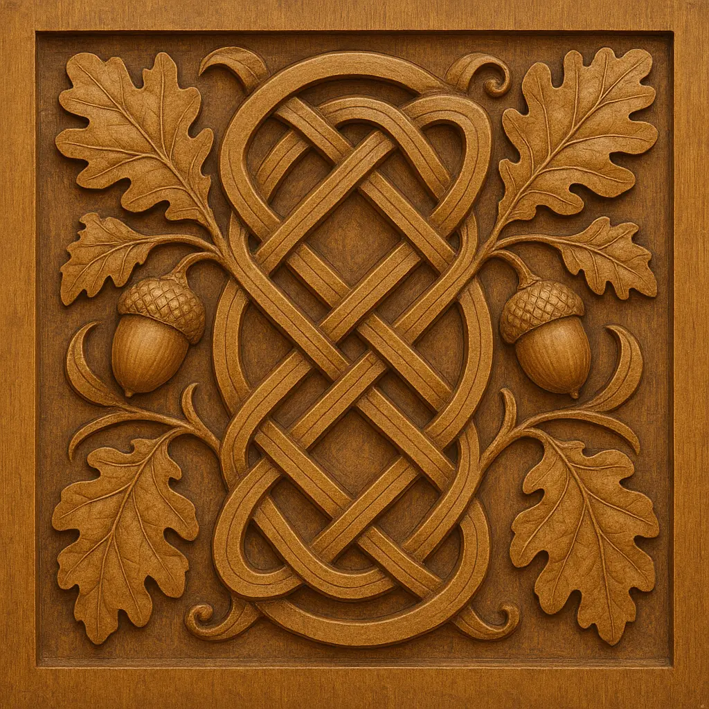 Celtic knotwork incorporating oak leaves and acorns, demonstrating cultural artistic tradition