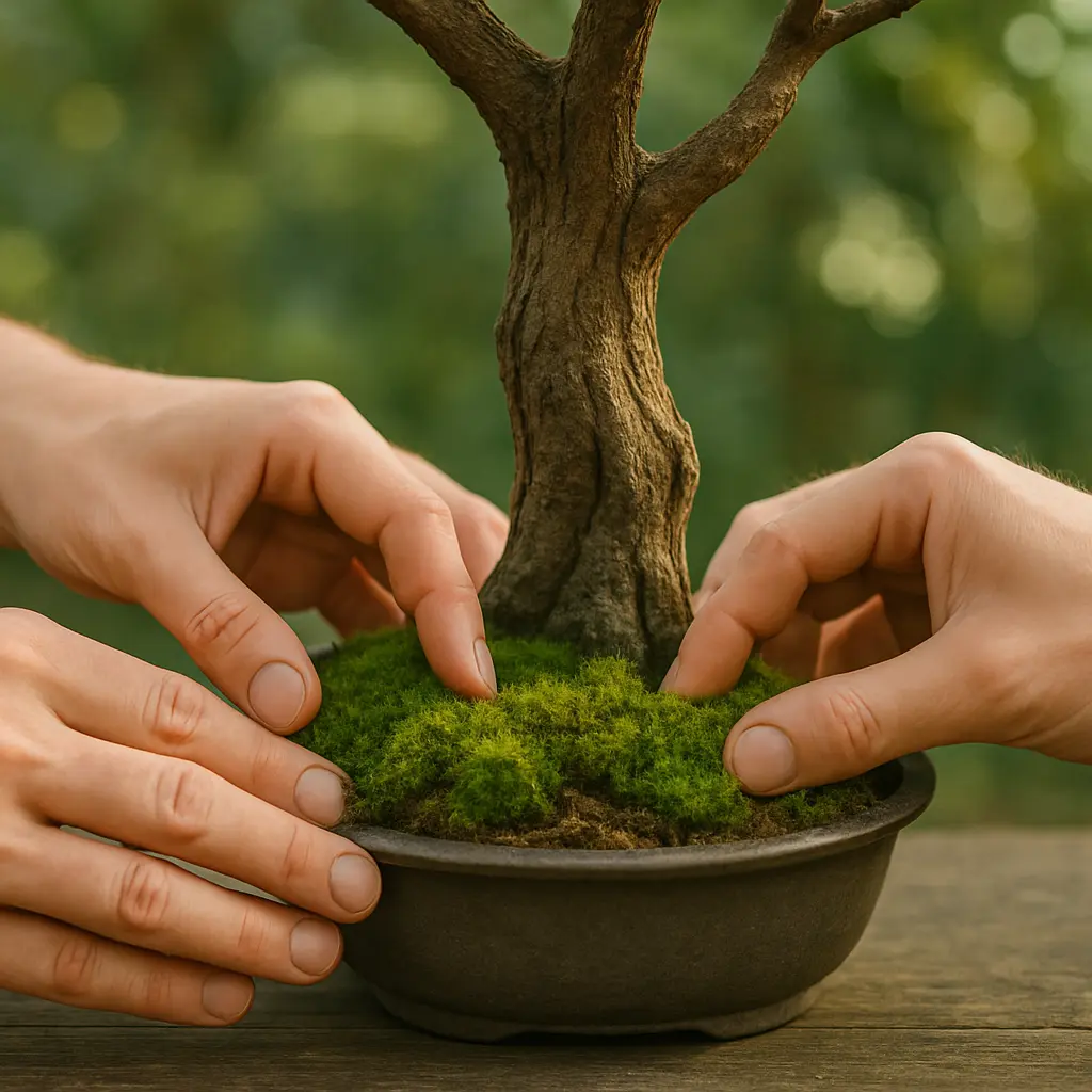 Hands performing moss arrangement around a bonsai base
