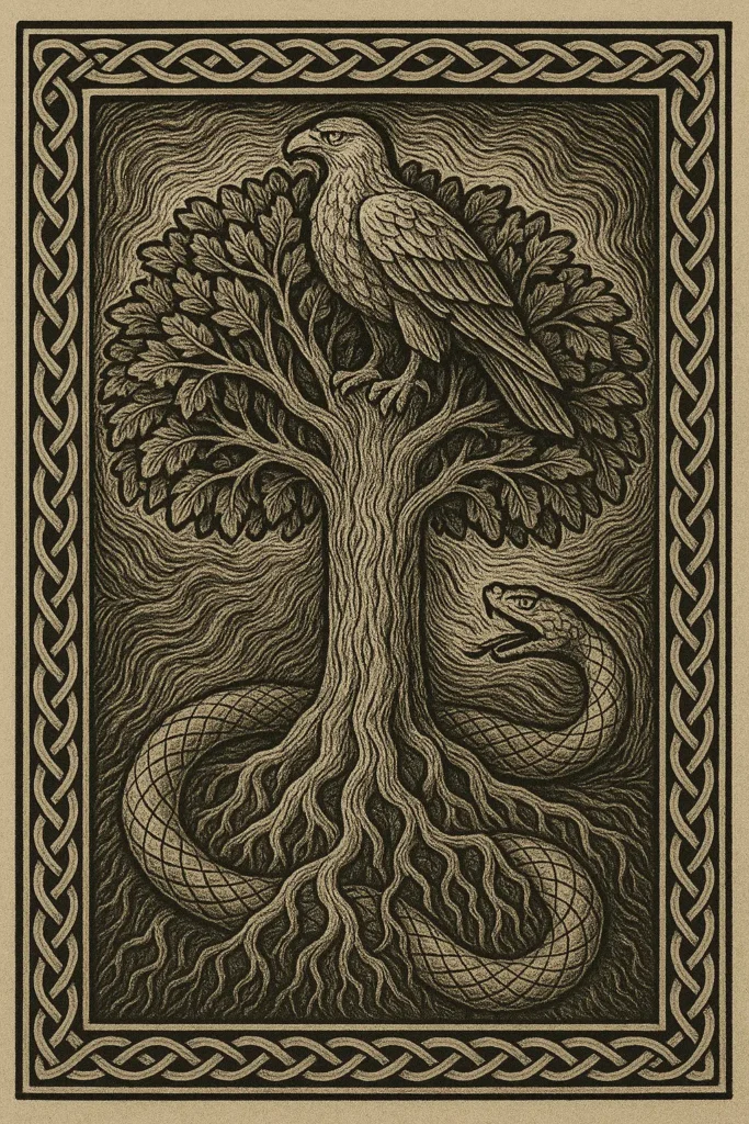 Norse illustration of Yggdrasil showing the eagle at top and serpent at roots