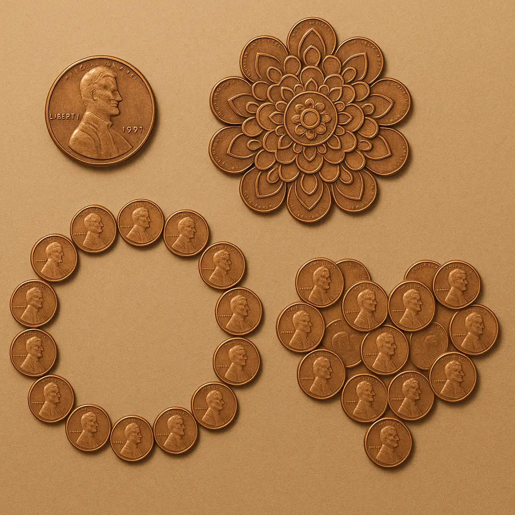 rtistic arrangement of pennies in spiritual patterns (circle, mandala, heart)