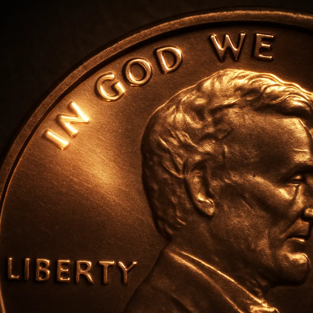 shiny penny with light reflecting off the In God We Trust inscription Pennies From Heaven: The Powerful Spiritual Message Behind Finding a Heads-Up Coin