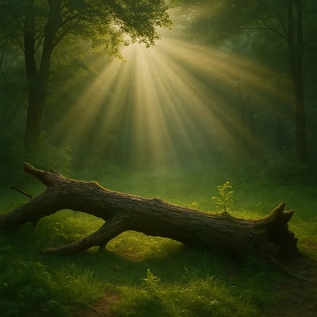 Forest clearing with sunlight and a fallen tree, new growth beginning (transformation, opportunity)