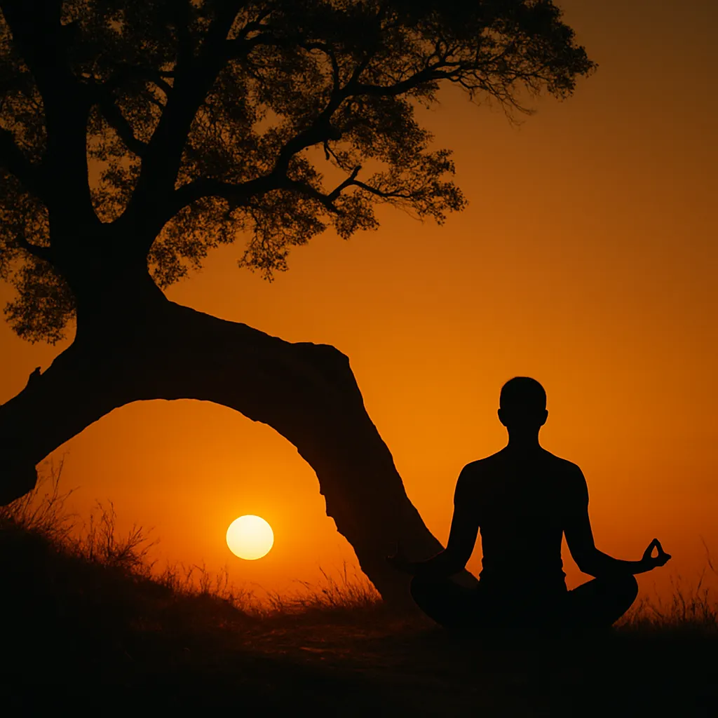 Silhouette of person in meditation posture beside fallen tree at sunset conveying spiritual contemplation and grounding When Trees Fall From Heaven: 7 Powerful Divine Messages You Can't Ignore